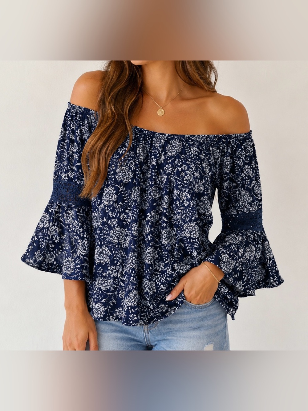 Mileage Off The Shoulder Floral Bell Sleeve Blouse Navy Blue Size M